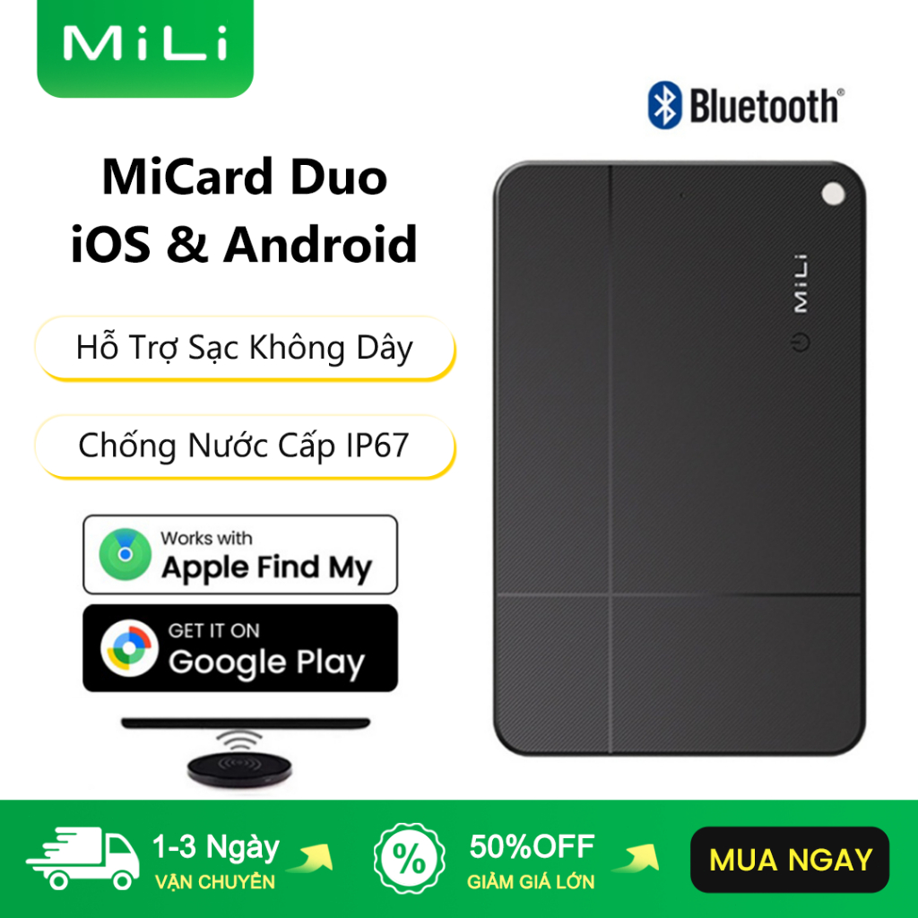 MILi MiCard Duo Thẻ Định Vị Sạc Không Dây Chống Nước Cấp IP67 GPS Tracker Định Vị GPS  Định Vị Xe Má