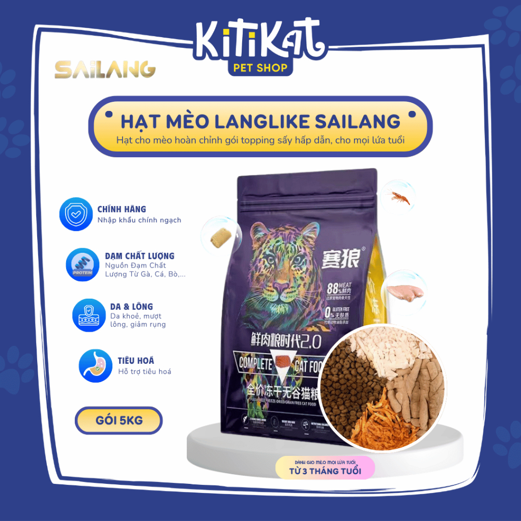 [COMBO 5KG] Hạt Cho Mèo LANGLIKE (SAILANG) 5Kg - Topping Thịt Sấy, Giàu Dinh Dưỡng. Cho Mọi Lứa Tuổi