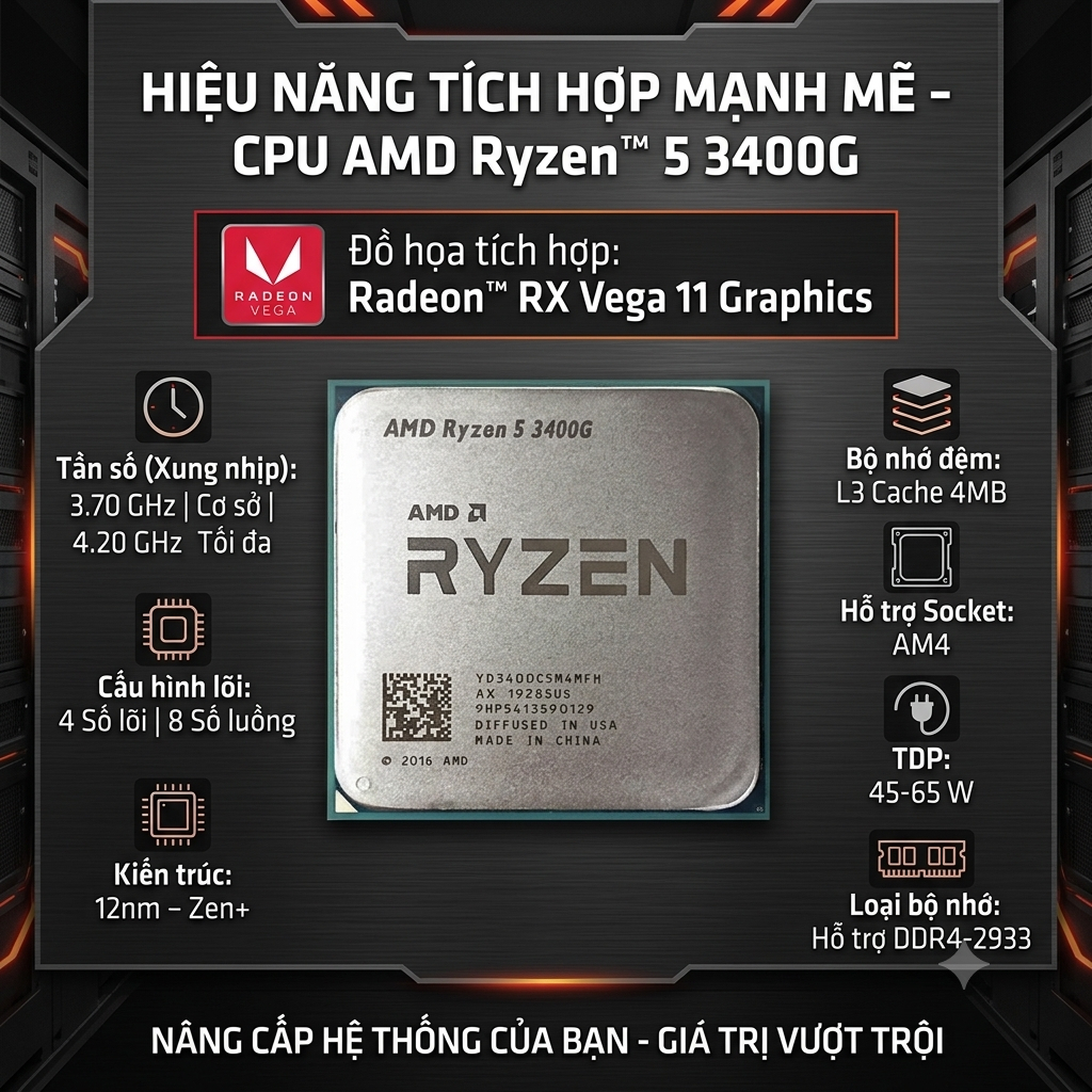 CPU AMD Ryzen 5 3400G | AM4, 4 nhân/8 luồng, Max 4.2 GHz TRAY (NO FAN)