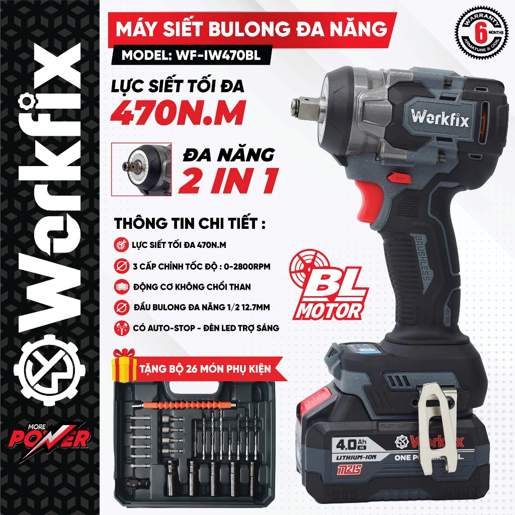 Siết bulong WORKFIX WF-IW470BL đầu 2 trong 1, Động cơ không chổi than - Lực Siết 470N.m
