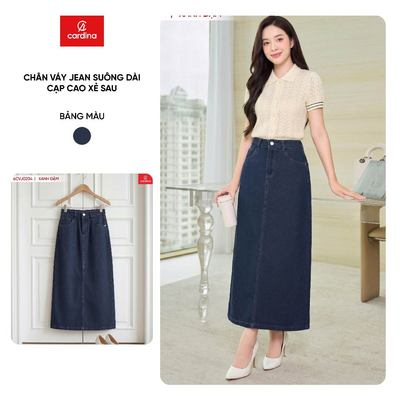 Chân váy jean nữ CARDINA dáng suông dài cạp cao xẻ sau 6CVJ02