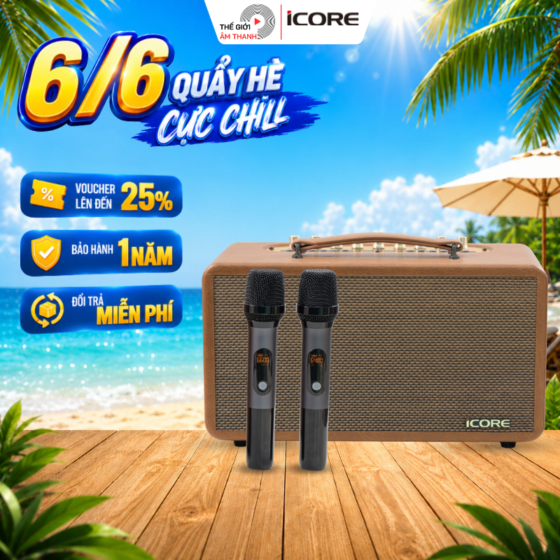 Loa karaoke xách tay iCore P8 kèm 2 micro không dây - Công suất lên đến 200W - Loa karaoke di dộng -