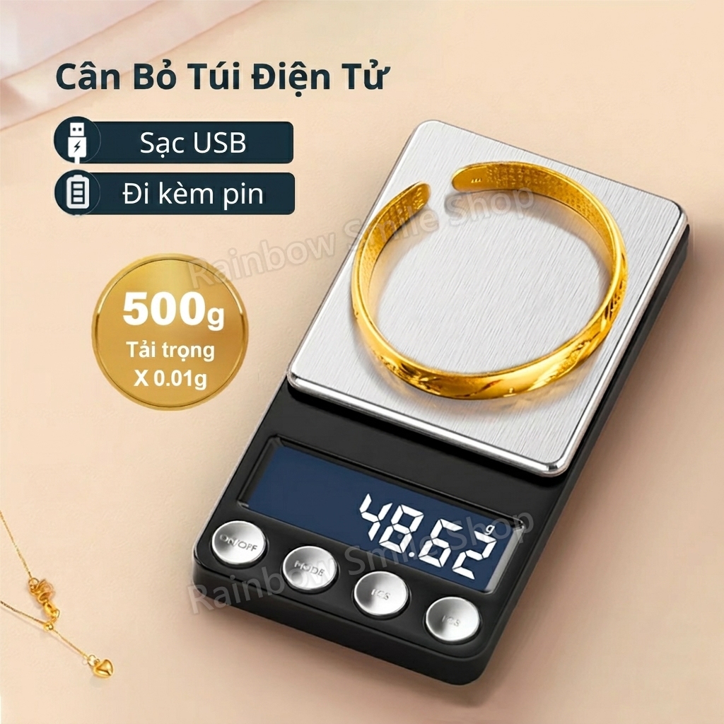 Cân điện tử vàng agate 500 gram, độ chính xác 0,01 gram, dùng để cân trang sức, sạc qua USB.
