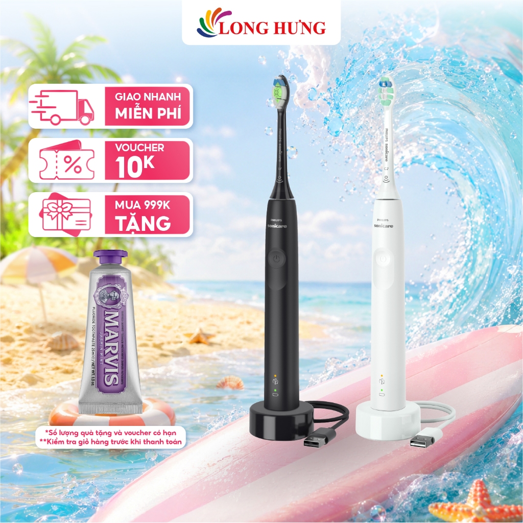 Bàn chải điện Philips Sonicare 3100 - Màu Đen, Sóng âm 62.000 lần/phút, Pin sạc Lithium-ion