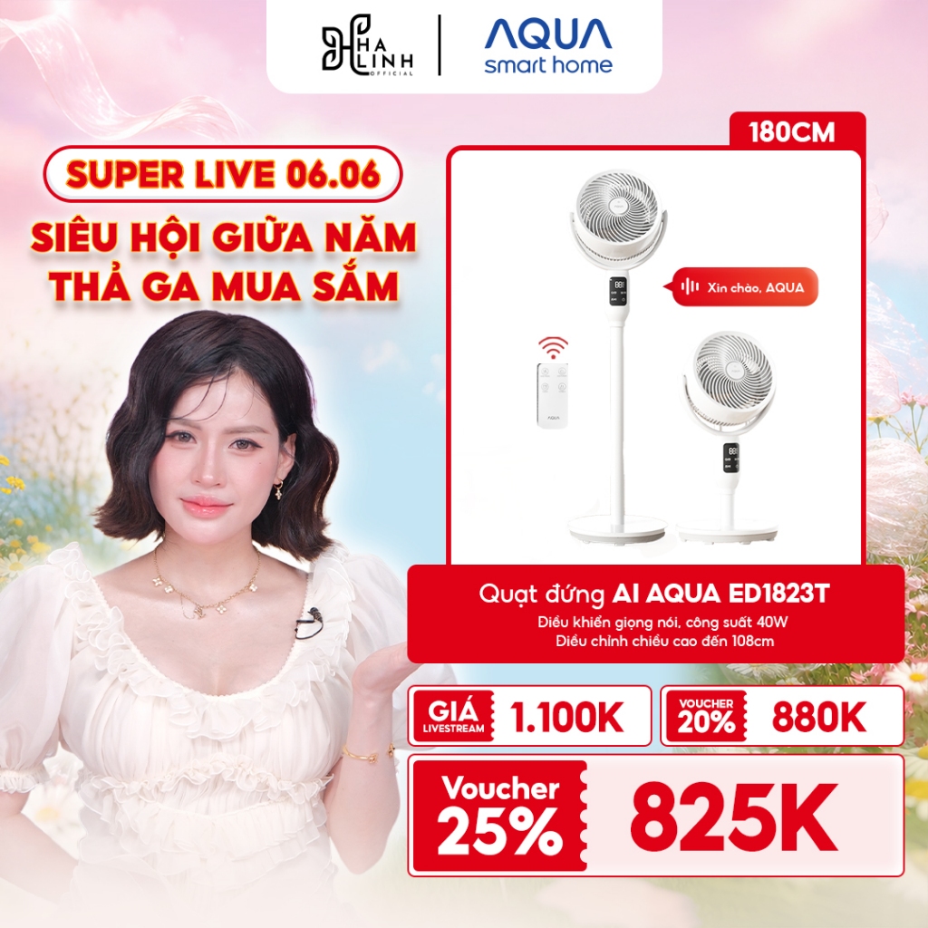 [VHL x AQUA] Quạt đứng Aqua ED1823T, quạt AI điều khiển giọng nói, có khay tinh dầu, đối lưu không k