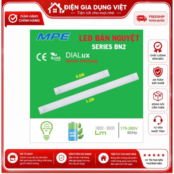 [HỎA TỐC] Đèn LED bán nguyệt MPE 1M2 (BN2-36T) công suất 36W hàng chính hãng
