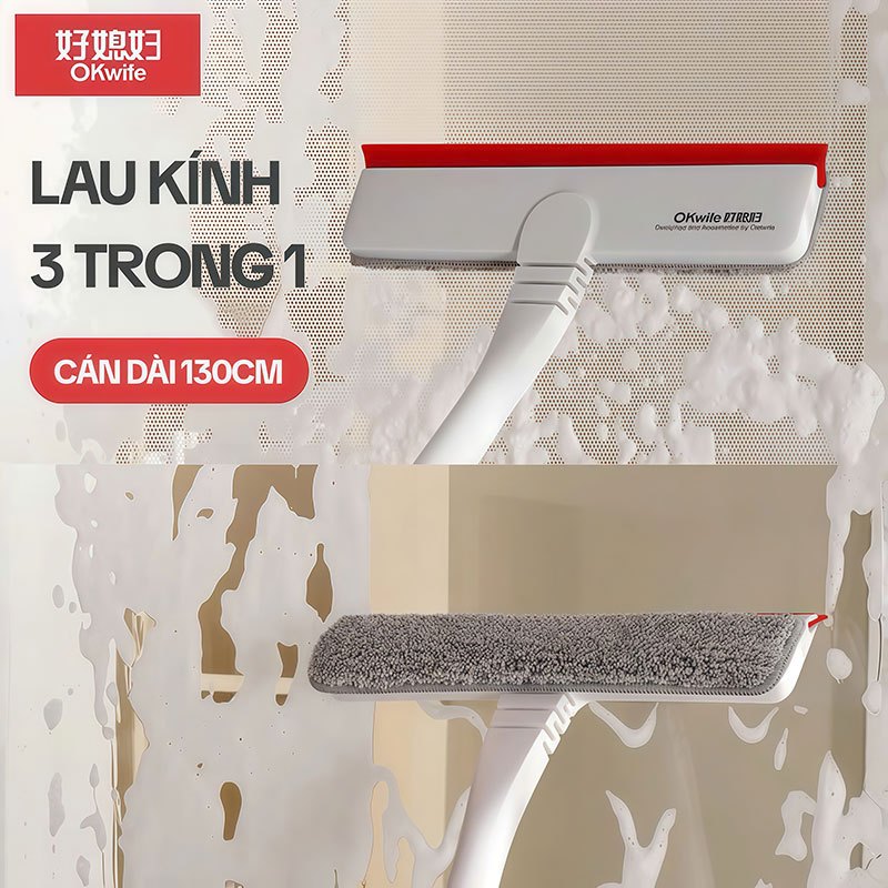 Cây Lau Kính OKwife HD-7309, Cây Gạt Kính Lau Kính Đa Năng 3 Trong 1, Cán Dài 130CM