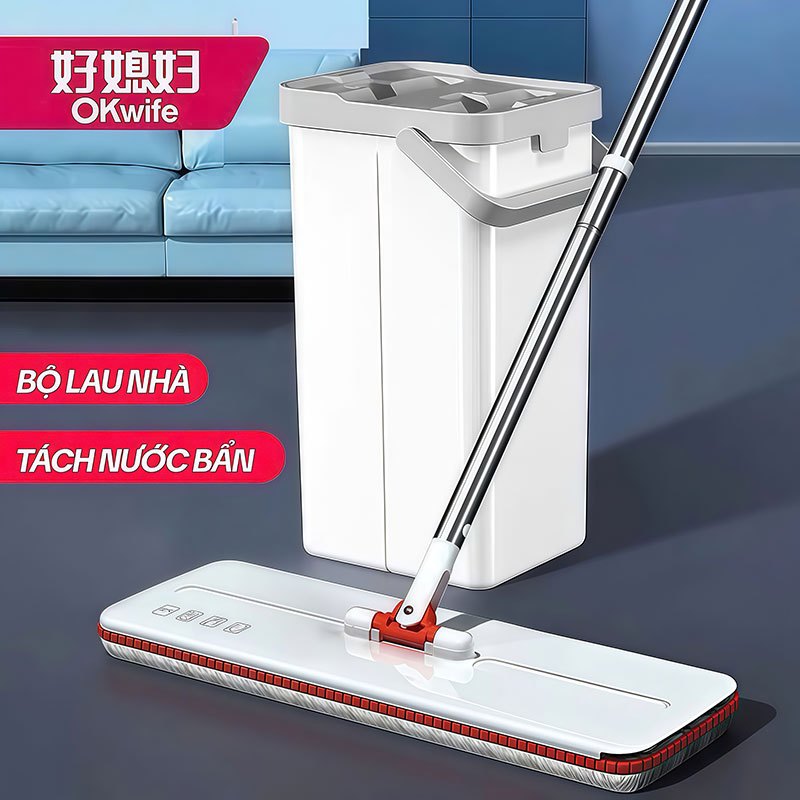 Cây Lau Nhà Tách Nước Bẩn OKwife HD-7022, Thùng Lau Nhà Tự Vắt Thông Minh, Chổi Lau Nhà Xoay 360 Độ