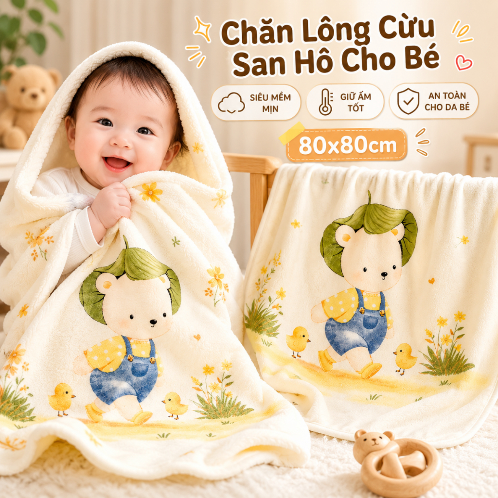 Chăn lông cừu san hô cho bé kích thước 80x80cm siêu mềm mịn chất liệu cao cấp không rụng lông giúp b