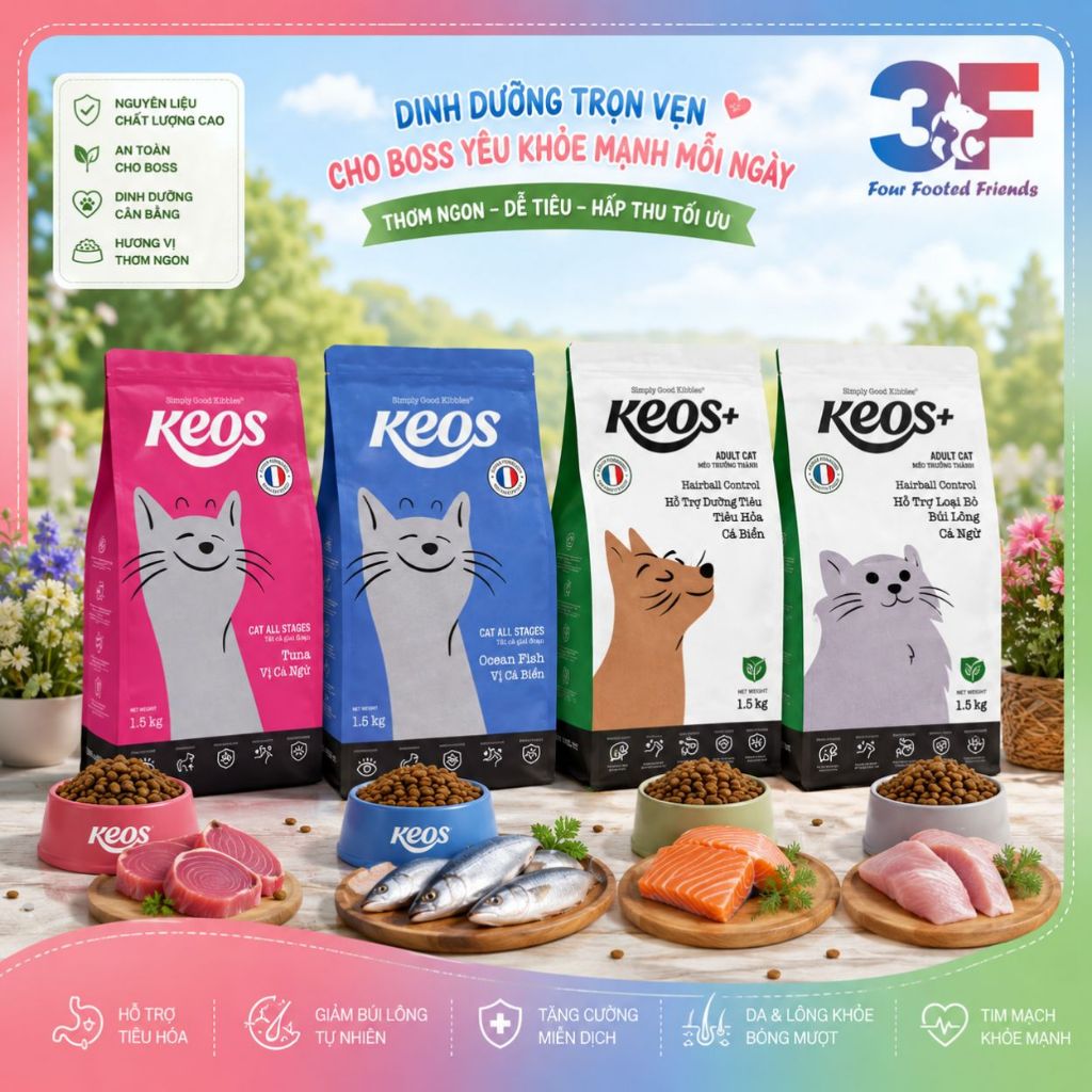[7kg] Thức Ăn Hạt Cho Mèo Keos Mọi Lứa Tuổi – Tiêu Búi Lông, Hỗ Trợ Tiết Niệu | 3F Store