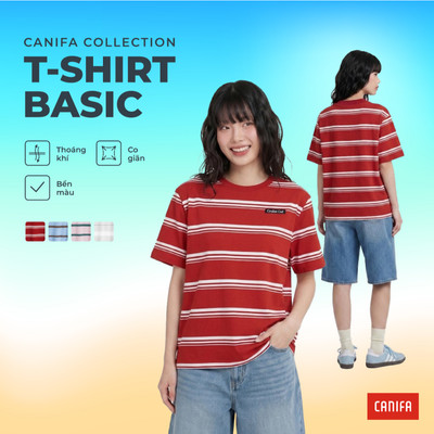 Áo phông nữ CANIFA áo thun cotton mềm mát cộc tay họa tiết kẻ ngang 6TS26S013