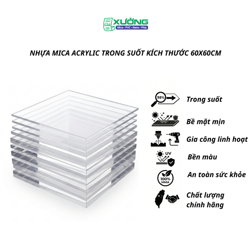 [60x60cm] Tấm Nhựa Mica Acrylic Trong Suốt Đài Loan Cắt Laser Kích Thước 60x60cm Độ Dày 2mm-10mm