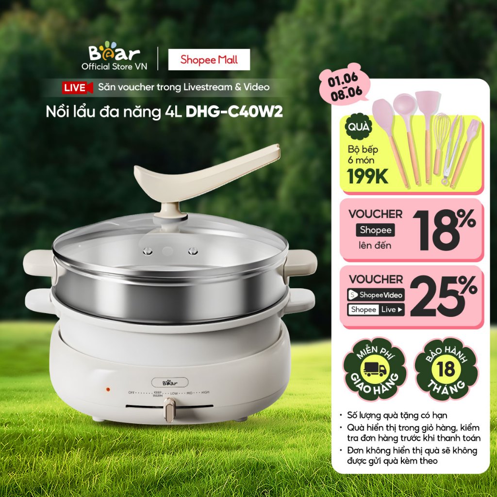 Bộ Nồi Lẩu Nướng Bear 3 khay 3in1 DHG-C40W2 - Hàng Chính Hãng