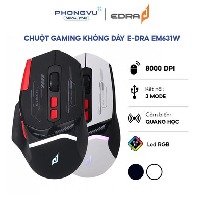 Chuột Gaming không dây E-Dra EM631W (Trắng/Đen) - Triple Mode - LED RGB - 8000 DPI - Bảo hành 24th