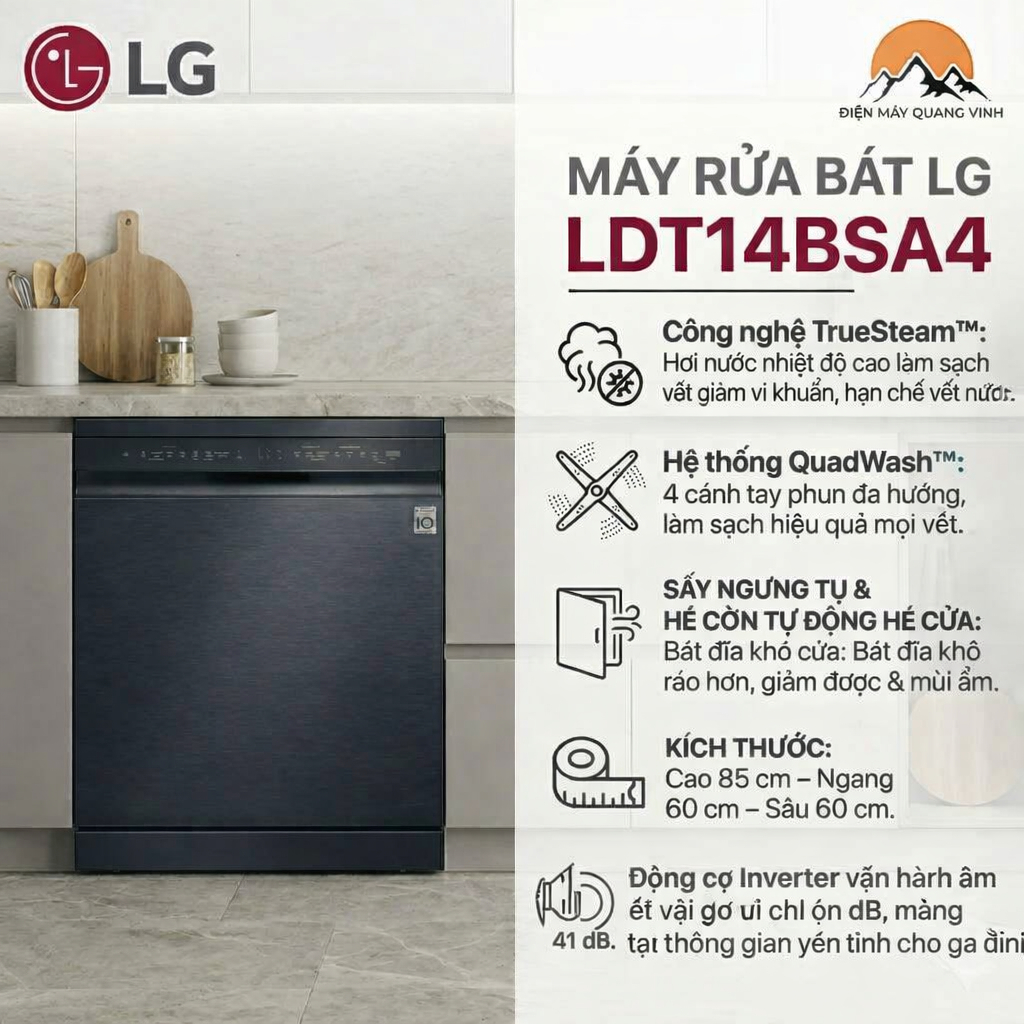 Máy Rửa Bát LG LDT14BSA4 | 14 Bộ | TrueSteam™ Diệt Khuẩn | Sấy Ngưng Tụ Kết Hợp Tự Động Hé Cửa