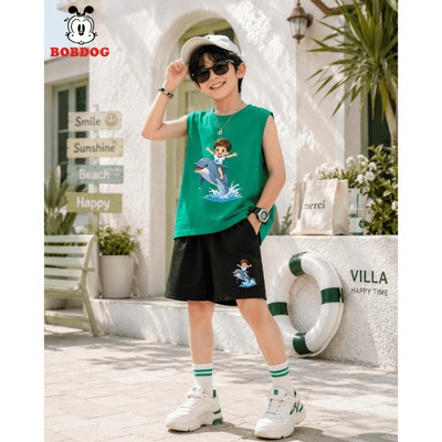 Bộ thể thao bé trai BOBDOG, bộ ba lỗ bé trai chất cotton co giãn mềm mát, quần áo in hình cá heo cute cho bé BD-KS534