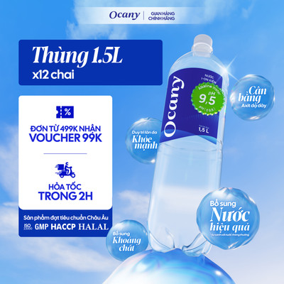 Nước uống Ion Kiềm Ocany Thùng 1500ml 12 chai giúp trung hòa axit, detox, bù khoáng, phục hồi cơ thể