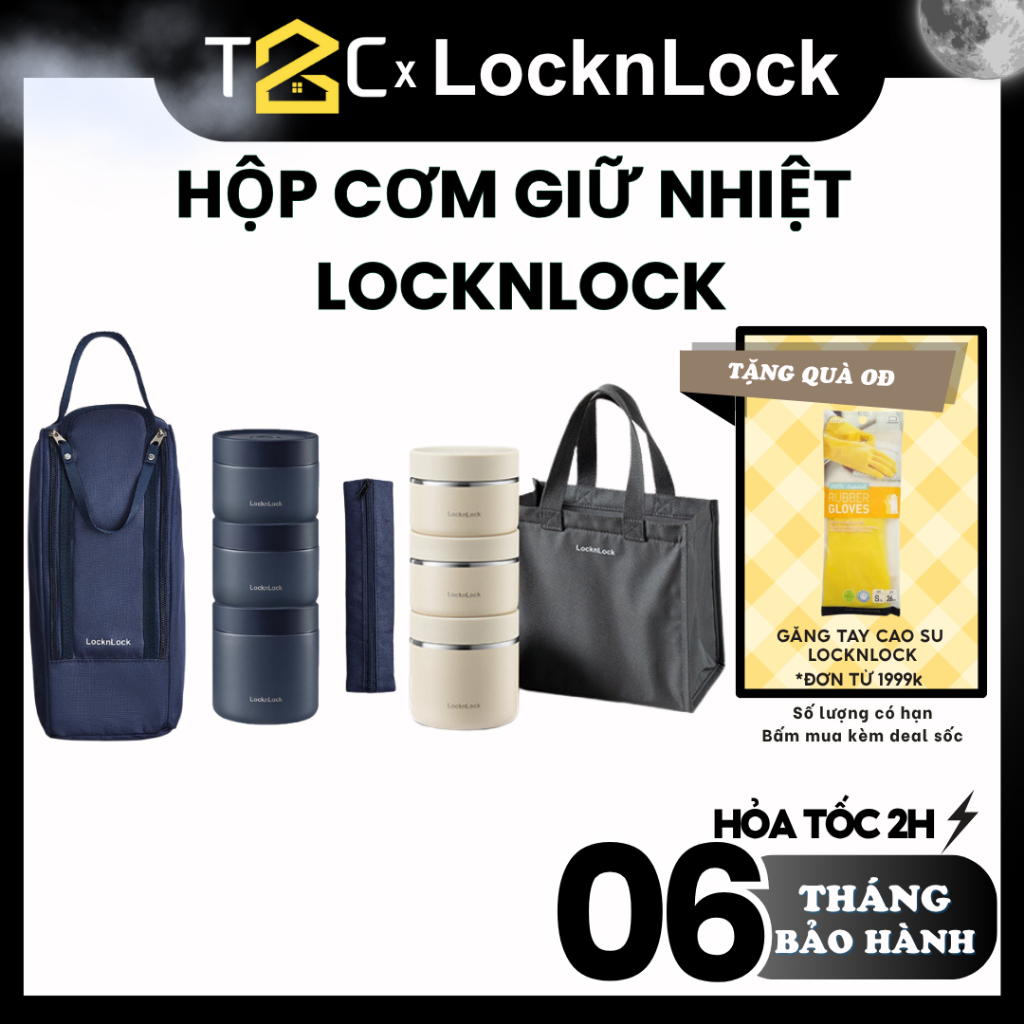 Bộ Hộp Cơm Giữ Nhiệt Văn Phòng LocknLock Lunch Box 3 Ngăn Kèm Túi Thìa Đũa LHC8052S01, LHC8052S2-T2C