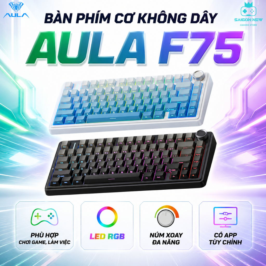 Bàn phím cơ không dây Aula F75 - Kết nối bluetooth, Có núm xoay - Layout 75%, LED RGB - Hàng chính h