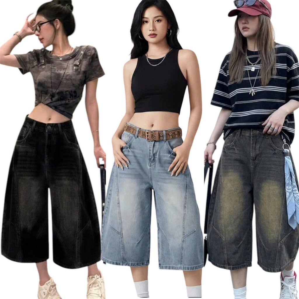 Quần Short Jean Lửng Nữ Ống Rộng Cạp Cao Form Rộng Cá Tính, Quần Jean Short Lửng Qua Gối Unisex Cả N