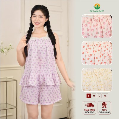 Đồ bộ mặc nhà nữ sát nách chất Poly hoa Việt Thắng quần đùi áo phối ren họa tiết  - B42.5125