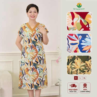 Đầm váy lanh trung niên cổ V  dáng suông mặc nhà Việt Thắng có túi mềm mát cho mẹ, cho bà V03.5512