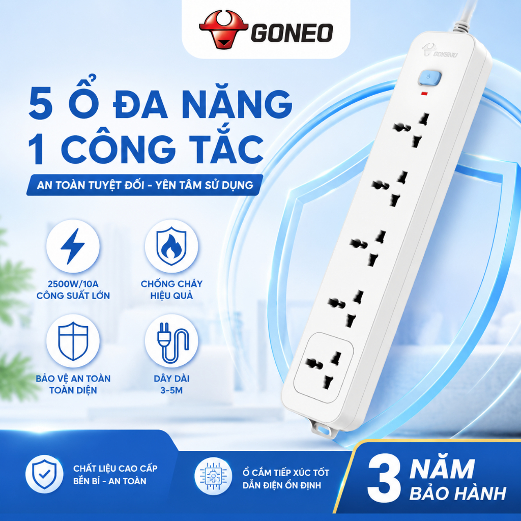 Ổ Cắm GONEO N1050 Chính Hãng – 5 Ổ Đa Năng, 1 Công Tắc – Chống Cháy, Công Suất 2500W/10A