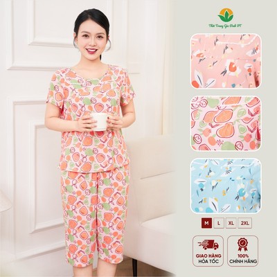 Bộ nữ mặc nhà chất Lanh mềm mại, quần lửng, áo cộc tay họa tiết thời trang Việt Thắng - B06.5048