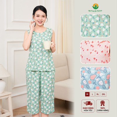 Bộ mặc nhà nữ chất Lanh Việt Thắng , quần lửng, áo sát nách họa tiết mềm mịn thoáng mát - B05.5080