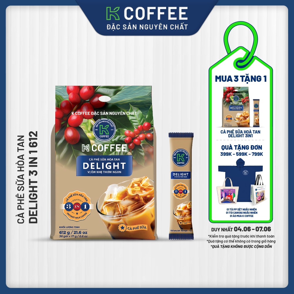 Cà phê sữa hòa tan K Coffee Delight 3in1 612g Túi 36 gói [Combo 3]