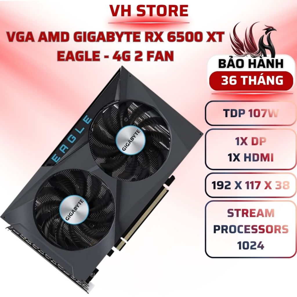 VGA Gigabyte RX 6500 XT EAGLE 4G | 4GB GDDR6 | PCIe 4.0 | 2 Fan - BẢO HÀNH 36 THÁNG - VHSTORE