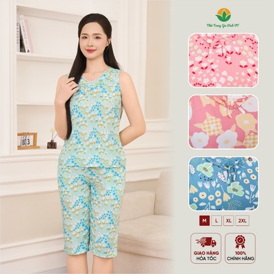 Bộ mặc nhà nữ sát nách chất Lanh Việt Thắng quần lửng áo cổ V phối nơ họa tiết trẻ trung - B05.6042