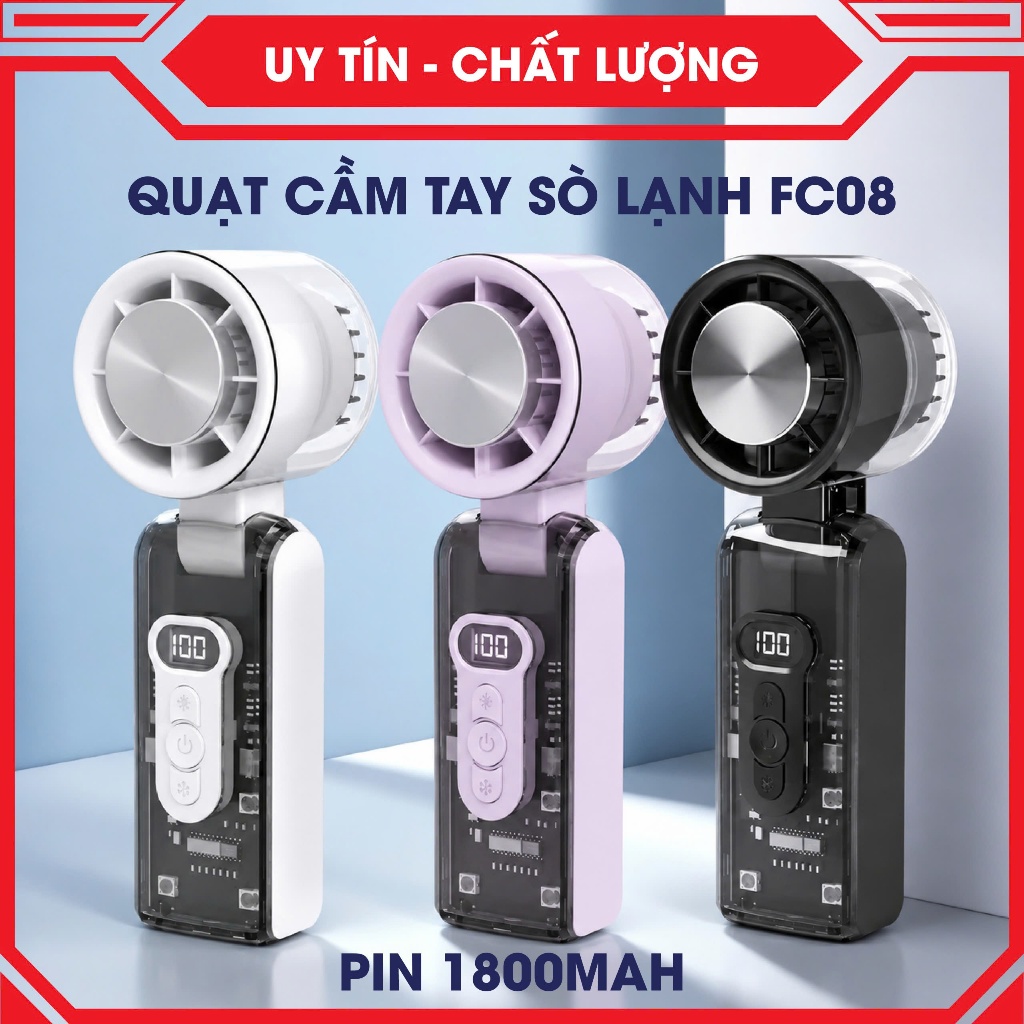 Quạt Cầm Tay FC8 Pin Sạc 1800mAh, Quạt Mini Gấp Gọn Có Màn Hình Hiển Thị Pin Siêu Tiện Lợi