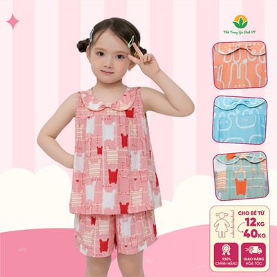 Bộ lanh tole bé gái quần đùi áo sát nách thời trang Việt Thắng họa tiết dễ thương B62.6064