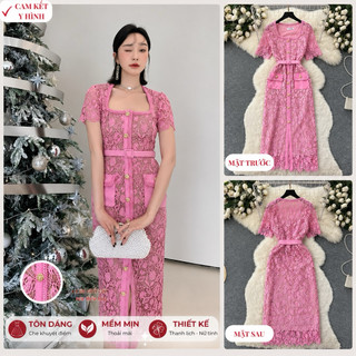 #2281 [Sẵn một số size] Đầm tay dài cổ vuông dáng ôm ren hồng có lót trong kèm thắt lưng