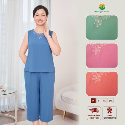 Đồ bộ trung niên mặc nhà chất Lanh tole Việt Thắng, quần lửng áo sát nách cổ tròn mềm mát B25.5088