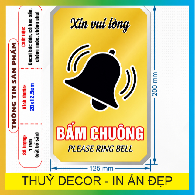 (MẪU MỚI) Logo Tem Decal Vui Lòng BẤM CHUÔNG, Hãy Bấm Chuông Cửa - Please Ring Bell, Tem Chống Nước,