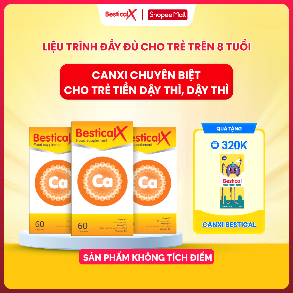[Mua 3 tặng 1 Bestical 120ml] Combo 3 hộp Canxi Bestical X (60 viên) - Bổ sung Canxi, D3K2 cho trẻ (
