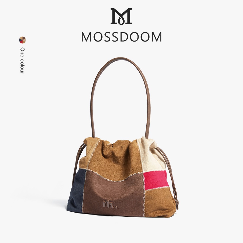 【The Puzzle Collection】MOSSDOOM Ruvi Bag Túi Tote Da Lộn Chặn Màu Có Dây Rút Đóng Cửa Dung Tích Lớn 