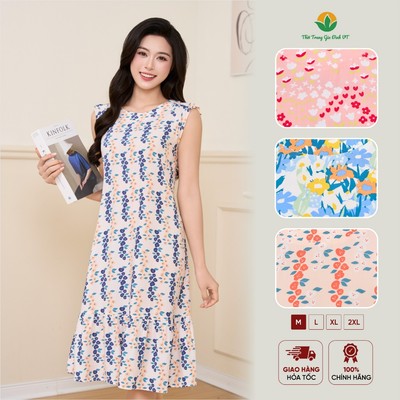 Đầm váy lanh nữ sát nách dáng xuông họa tiết thời trang Việt Thắng - V02.6511