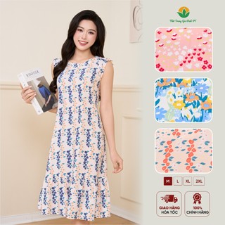 Đầm váy lanh nữ sát nách dáng xuông họa tiết thời trang Việt Thắng - V02.6511