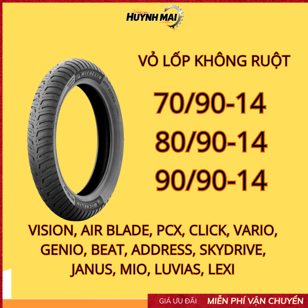 Vỏ lốp Không Ruột Tubeless 70/90-14 80/90-14 90/90-14 Vision AB Click Vario Beat Genio Mio Janus  Ad