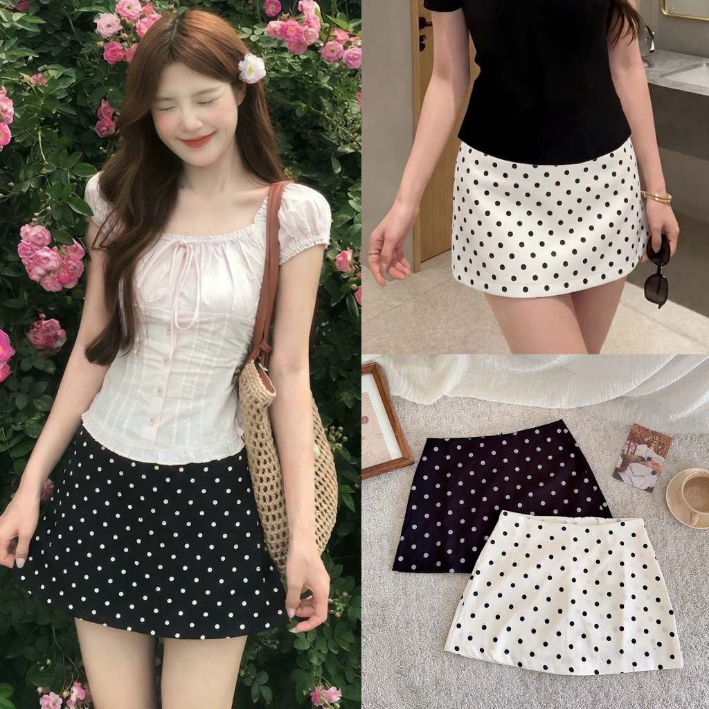 [Hàng chuẩn QC] Chân váy chấm bi dáng ngắn form chữ A có quần trong Polka Skirt - A6469
