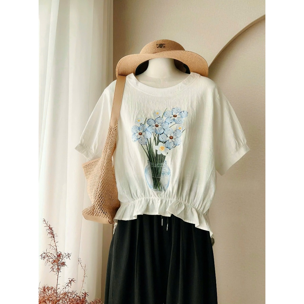 Set bộ nữ Ohara áo ngắn tay vải đũi in hoa kèm quần dài bo gấu trẻ trung năng động, Bộ đồ nữ mùa hè thời trang HEBE | BigBuy360 - bigbuy360.vn