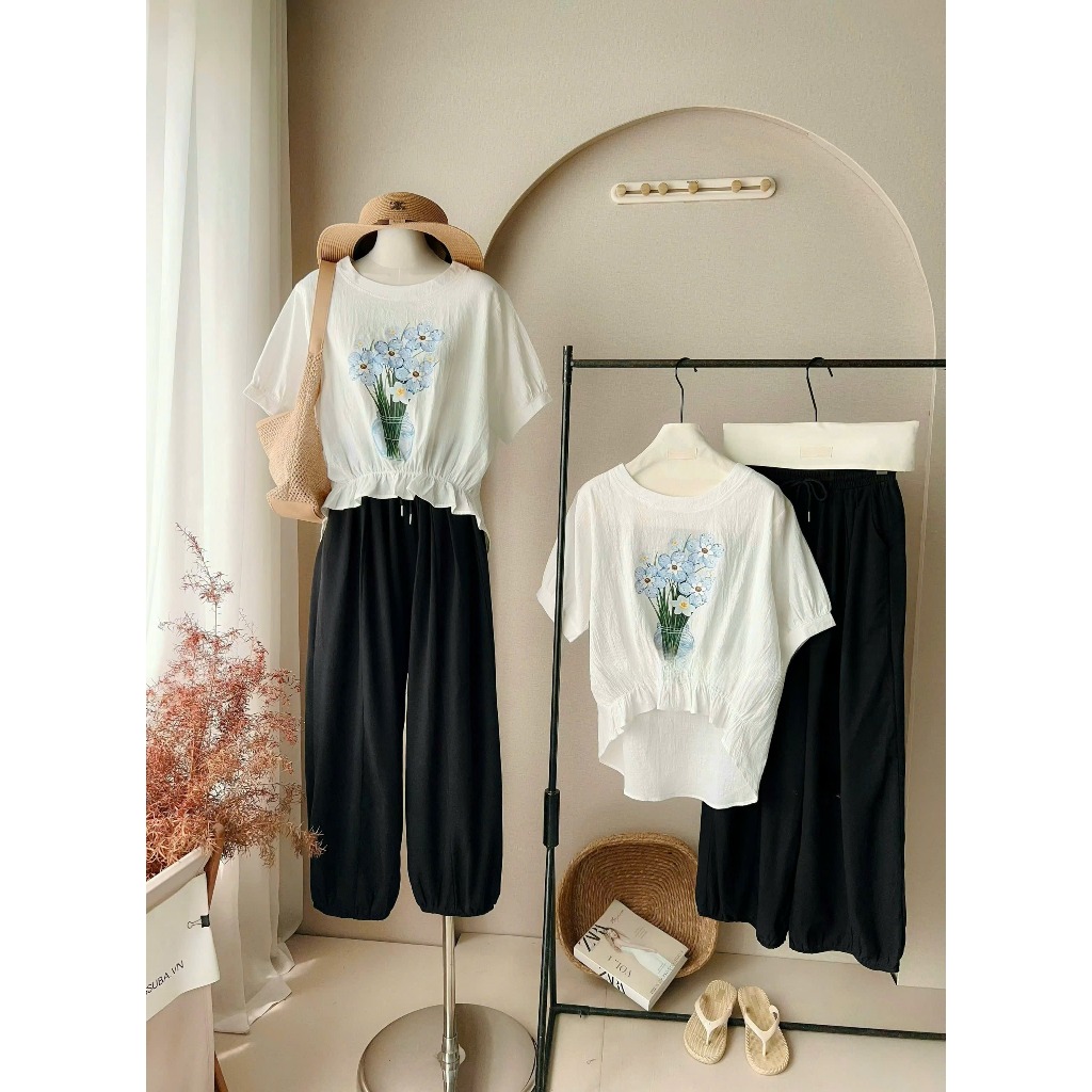 Set bộ nữ Ohara áo ngắn tay vải đũi in hoa kèm quần dài bo gấu trẻ trung năng động, Bộ đồ nữ mùa hè thời trang HEBE | BigBuy360 - bigbuy360.vn