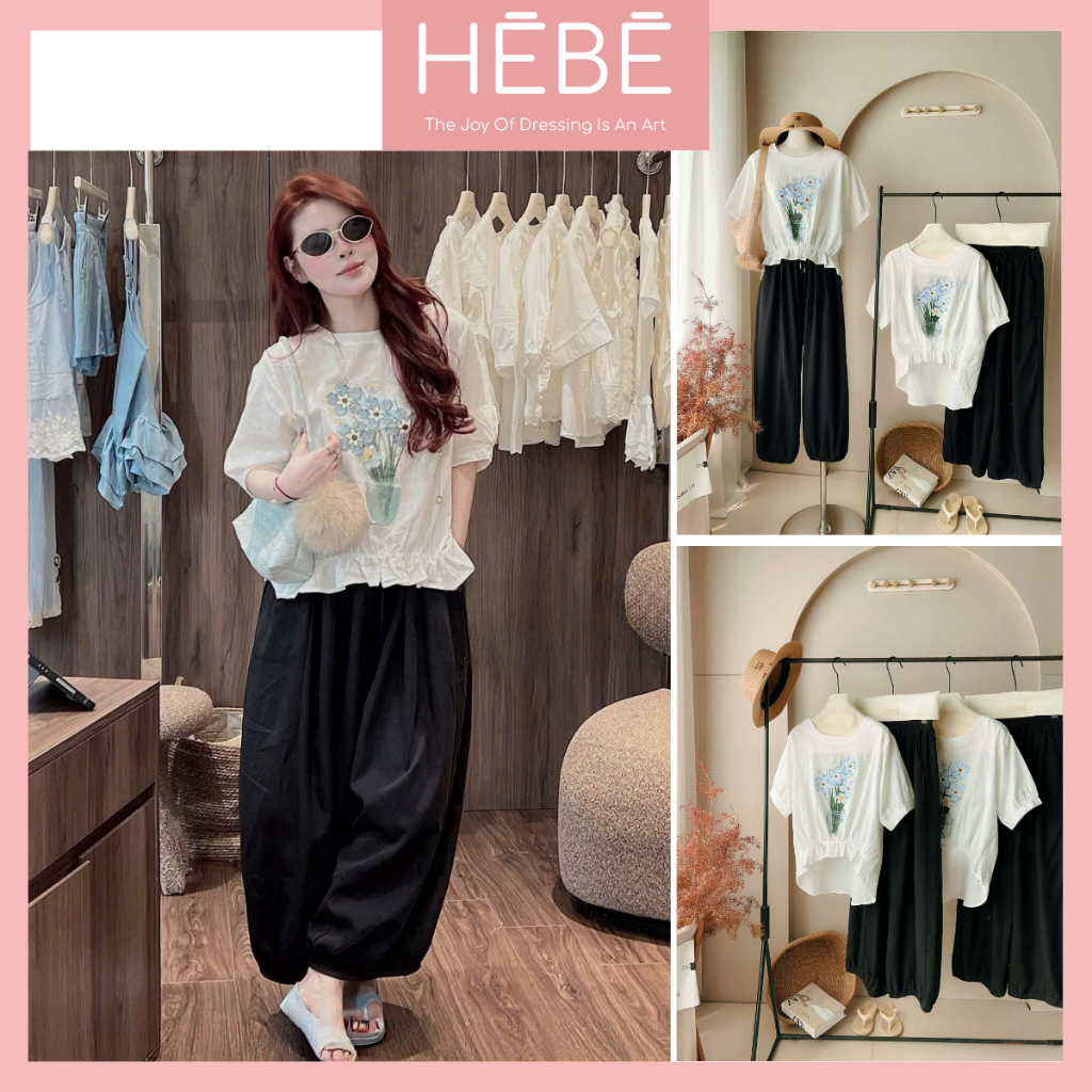 Set bộ nữ Ohara áo ngắn tay vải đũi in hoa kèm quần dài bo gấu trẻ trung năng động, Bộ đồ nữ mùa hè thời trang HEBE