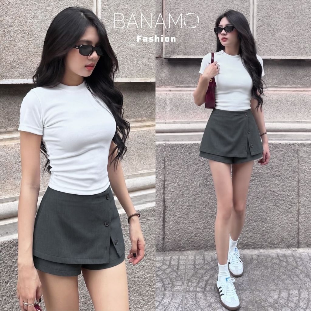 Quần váy nữ BIGSIZE Banamo Fashion chân váy ngắn chữ A cạp cao phối xẻ đính cúc trẻ trung phong cách Hàn Quốc 5902 | BigBuy360 - bigbuy360.vn