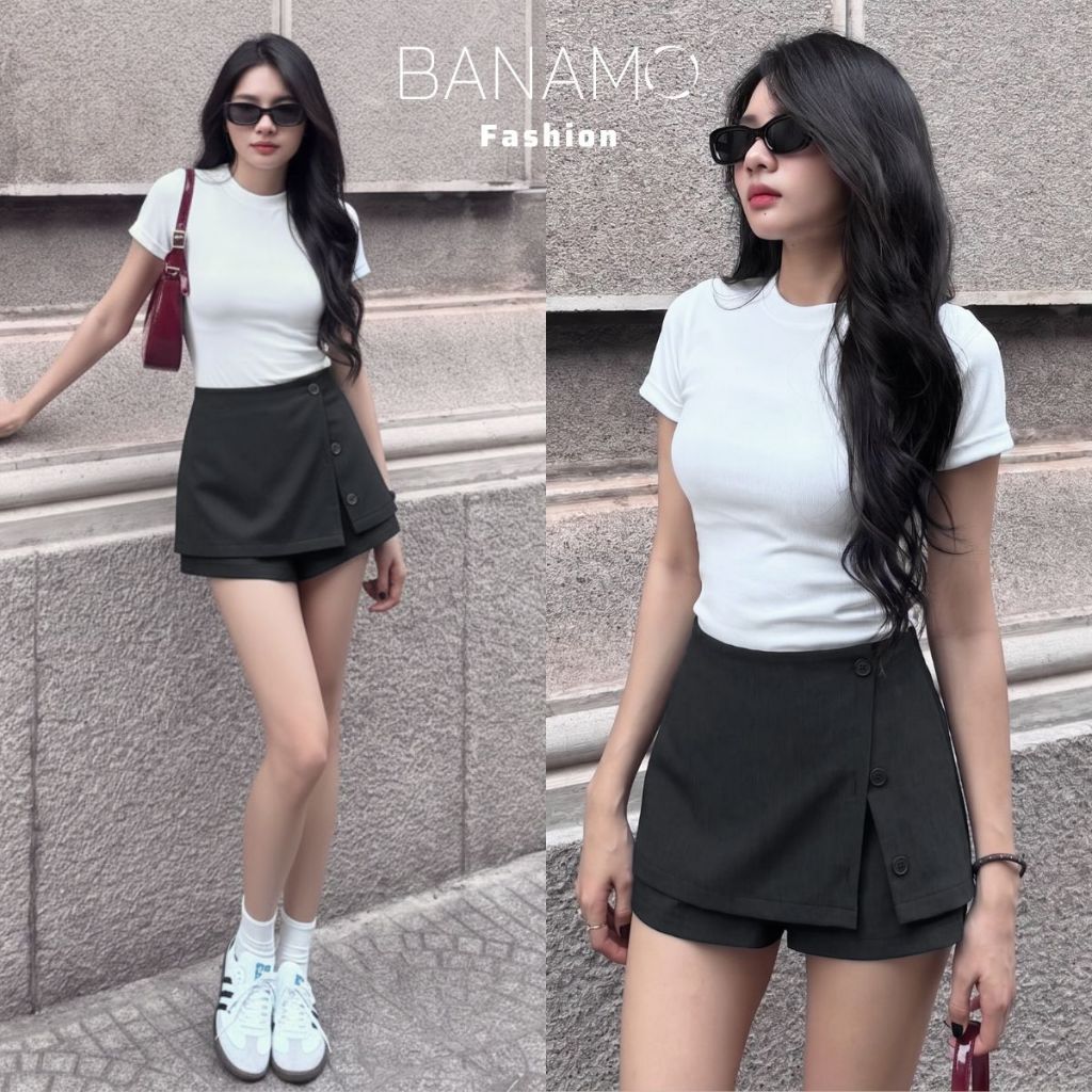 Quần váy nữ BIGSIZE Banamo Fashion chân váy ngắn chữ A cạp cao phối xẻ đính cúc trẻ trung phong cách Hàn Quốc 5902 | BigBuy360 - bigbuy360.vn