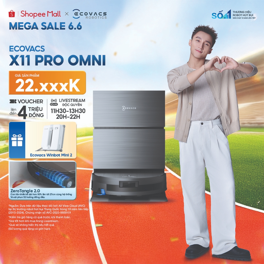 Robot hút bụi lau nhà Ecovacs DEEBOT X11 Pro Omni -Lực hút 19.500Pa - Pin 6400mAh - Thiết kế siêu mỏ