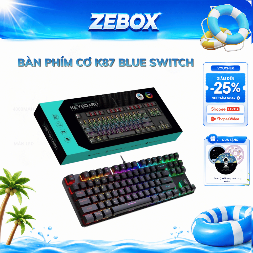 Bàn Phím Cơ K87 Pro, LED RGB 16 Mode, Blue Switch, Keycap ABS Chống Nước